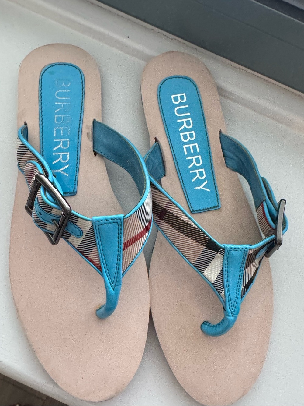Burberry Turquoise Plaid Thong Flip Flops